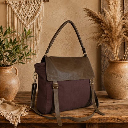 Large Linen &  Leather Satchel Shoulder Bag