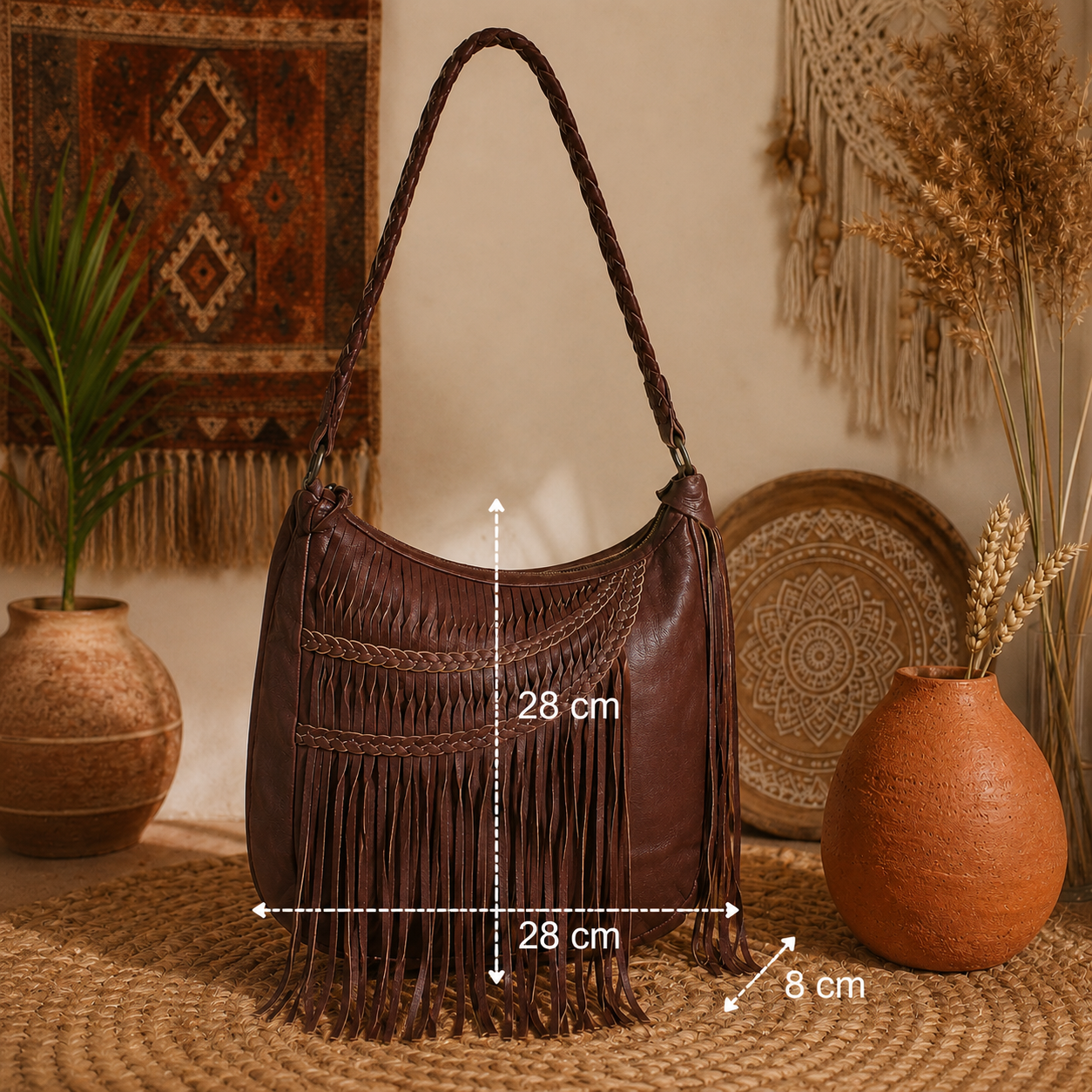 Boho Luxe: Cognac Leather Baguette Fringe Handbag