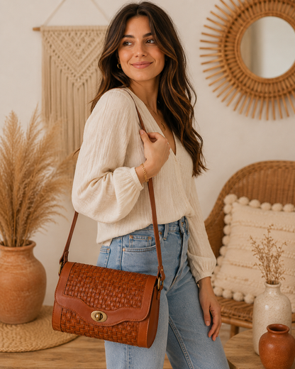 Barrel Leather Bag with Twill Weave