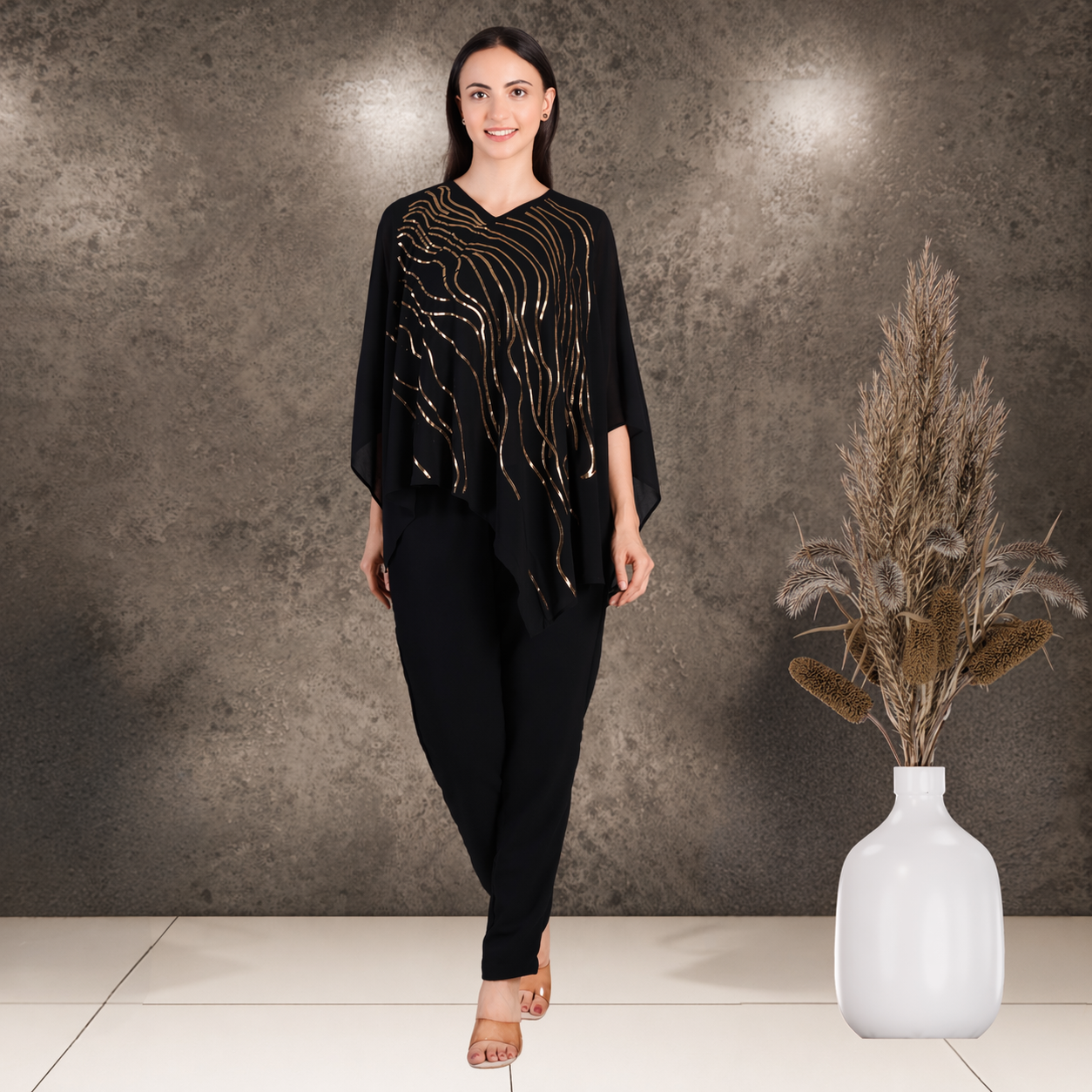 Designer Asymmetric Sequins Embellished Top with Matching Pants