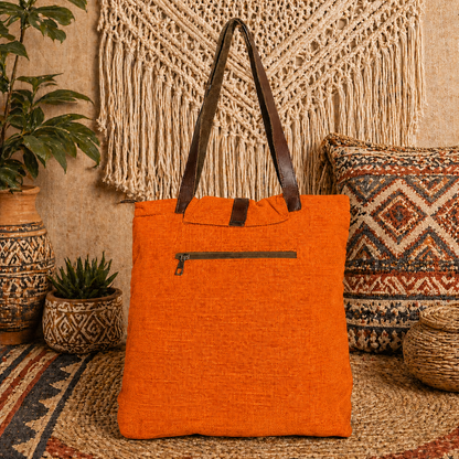 Large Linen Shoulder Tote Bag with Cargo Pocket