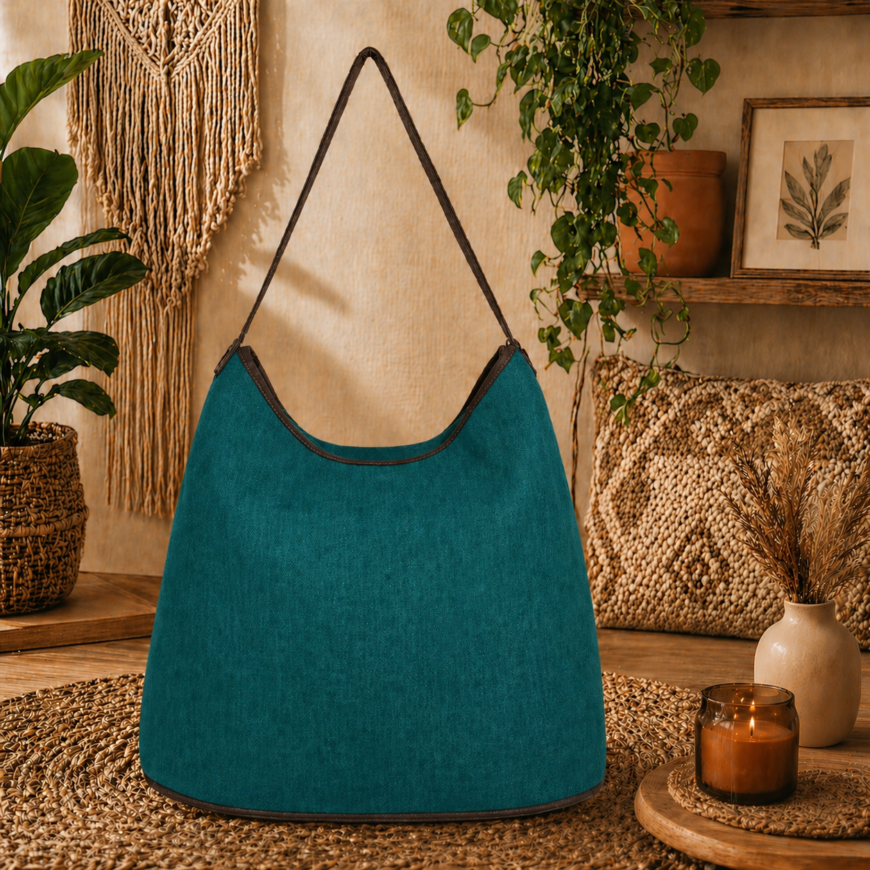 Large Hobo Bag with Suede Leather Strap