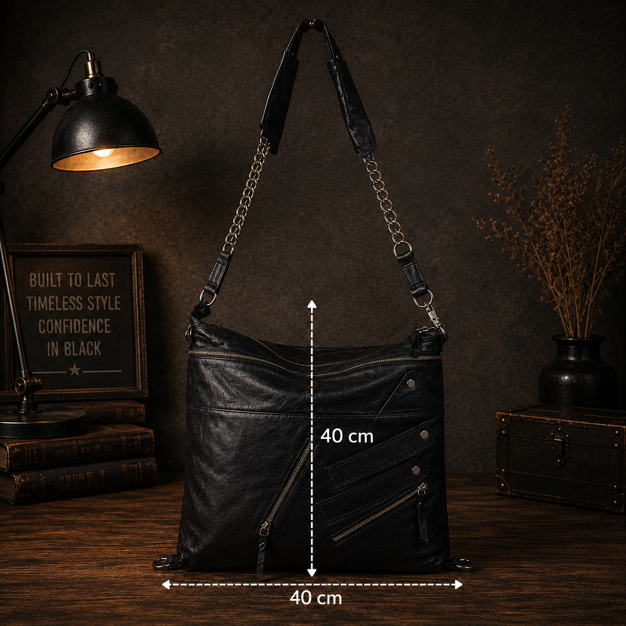Black Leather Zipper Tote Bag