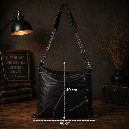 Black Leather Zipper Tote Bag