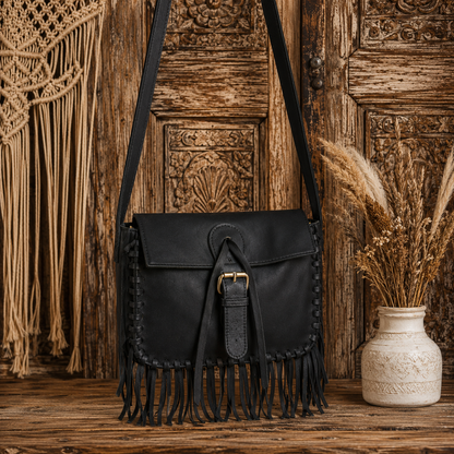Black Leather Fringes Bag