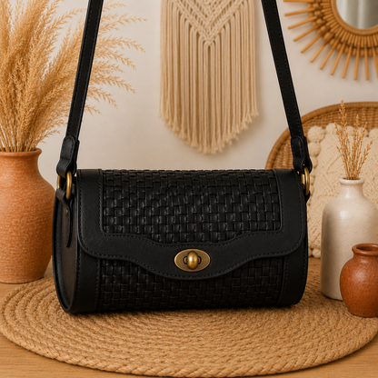 Barrel Leather Bag with Twill Weave
