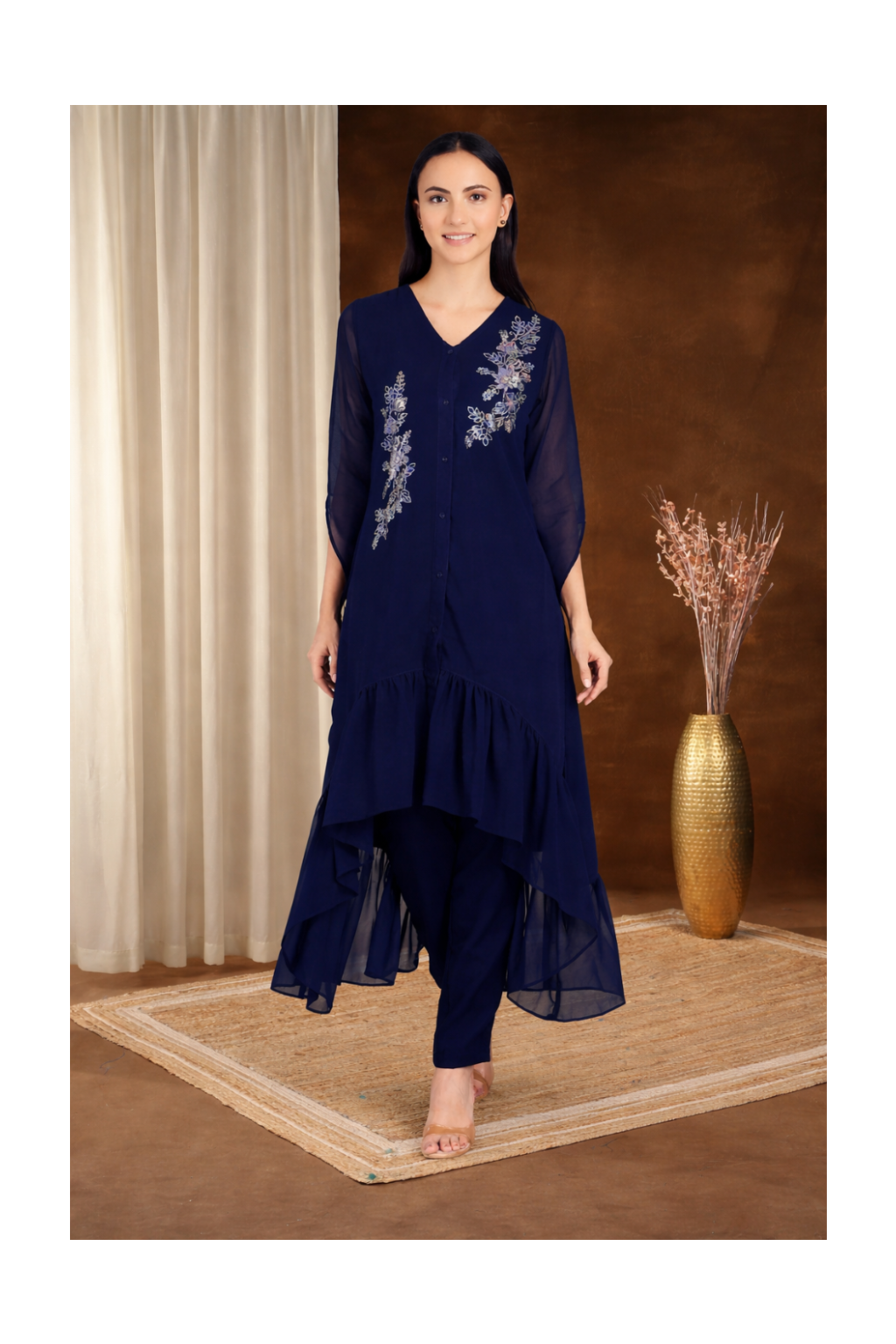 Stylish Sequins Embellished Frill Top with Matching Pants for Women