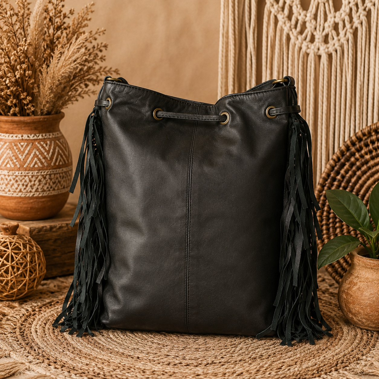 Midnight Boho Fringe Leather Bucket Bag