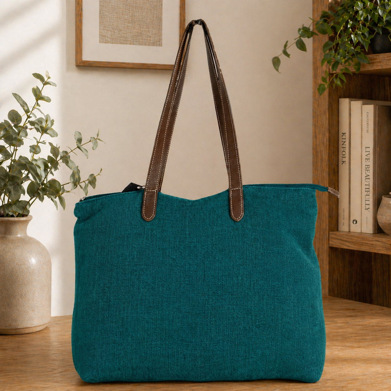 Timeless Linen Handbag with Genuine Leather Handles