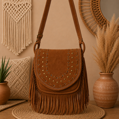 Suede Crossbody Leather Bag  with Fringes
