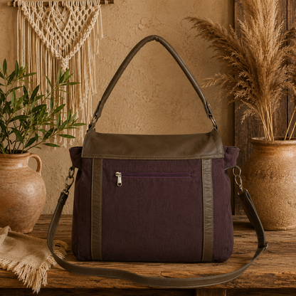 Large Linen &  Leather Satchel Shoulder Bag