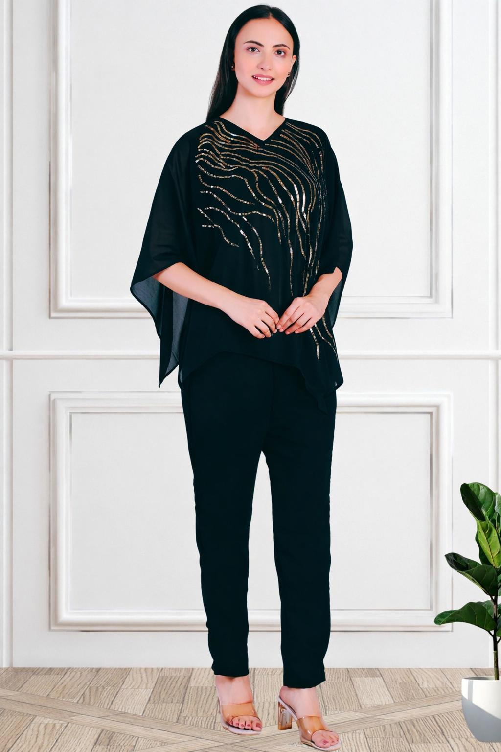 Designer Asymmetric Sequins Embellished Top with Matching Pants