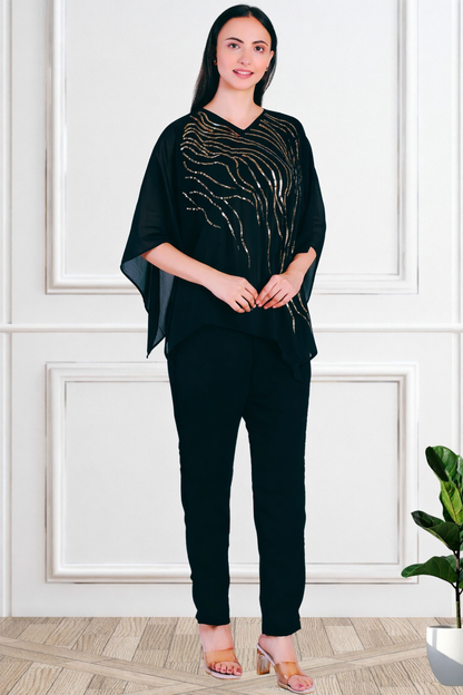 Designer Asymmetric Sequins Embellished Top with Matching Pants