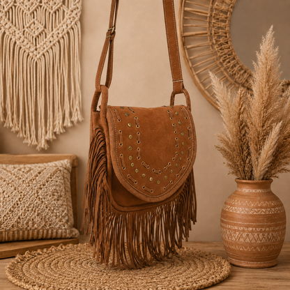 Suede Crossbody Leather Bag  with Fringes