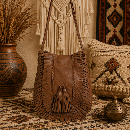Leather Fringe Handbag with Tassel