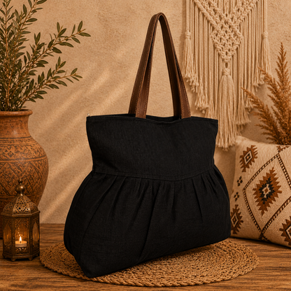 Large Linen Pleated Tote  Bag