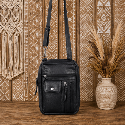 Black Crossbody Leather Bag with Adjustable Strap"
