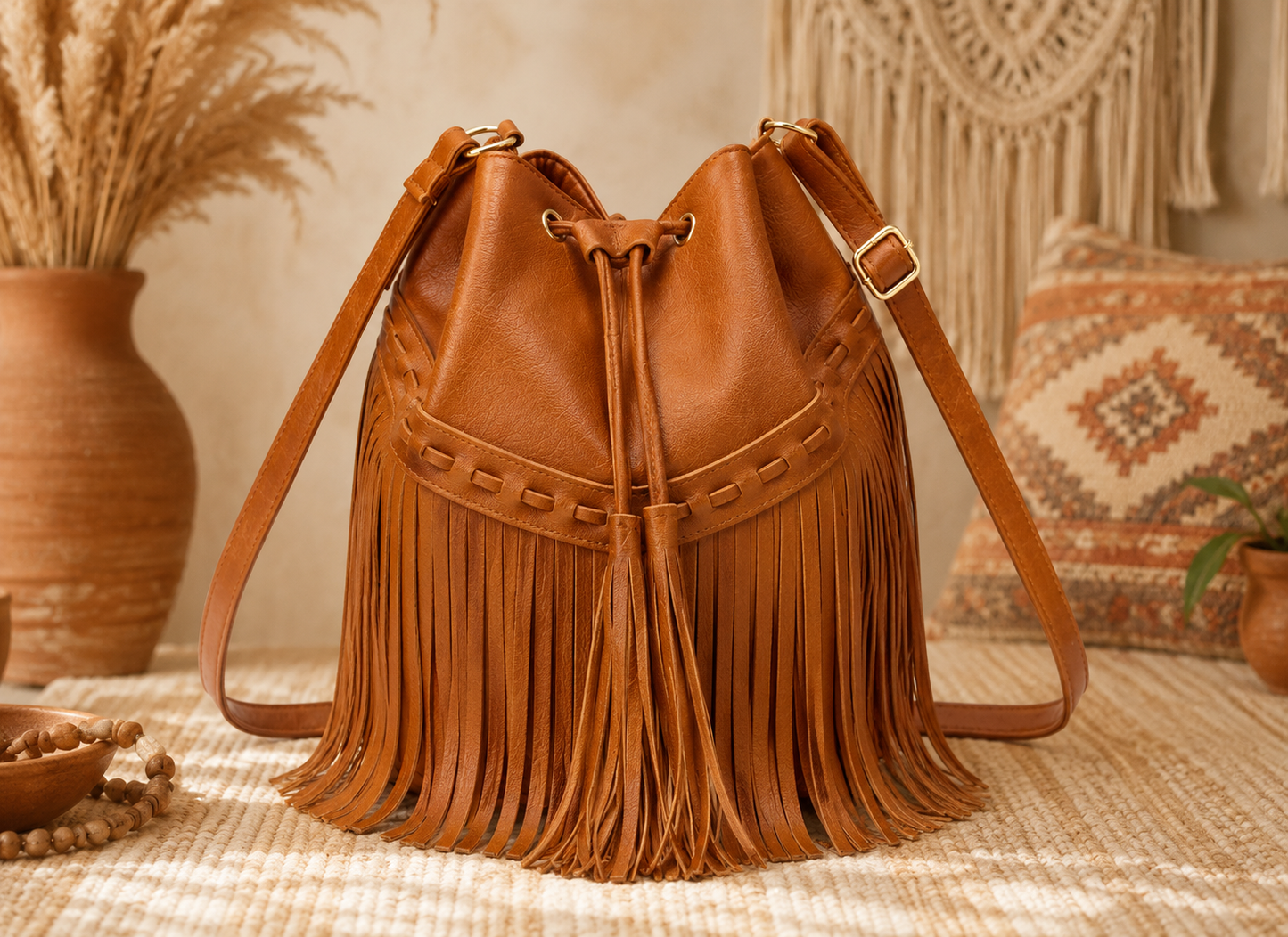 Boho Fringe Bucket Bag for Women