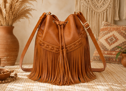 Boho Fringe Bucket Bag for Women