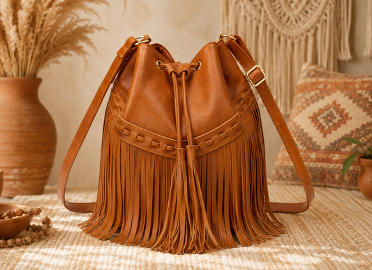 Boho Fringe Bucket Bag for Women