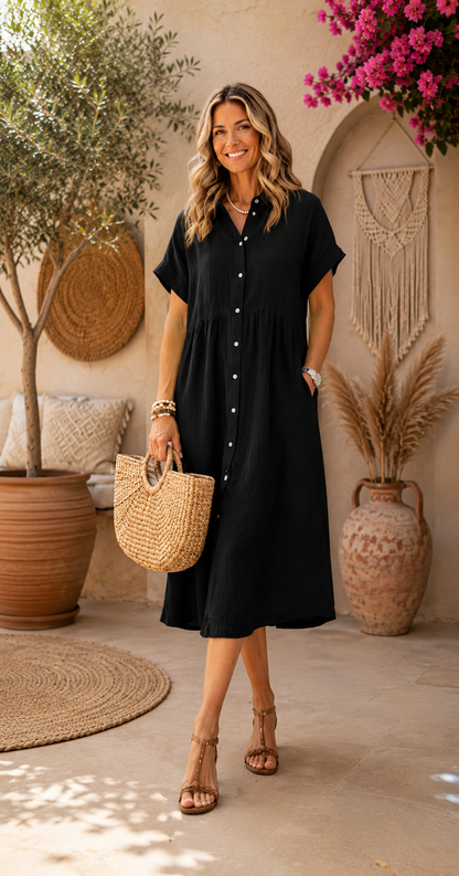 Blush Linen Button-Front Midi Dress – Relaxed Boho Summer Dress