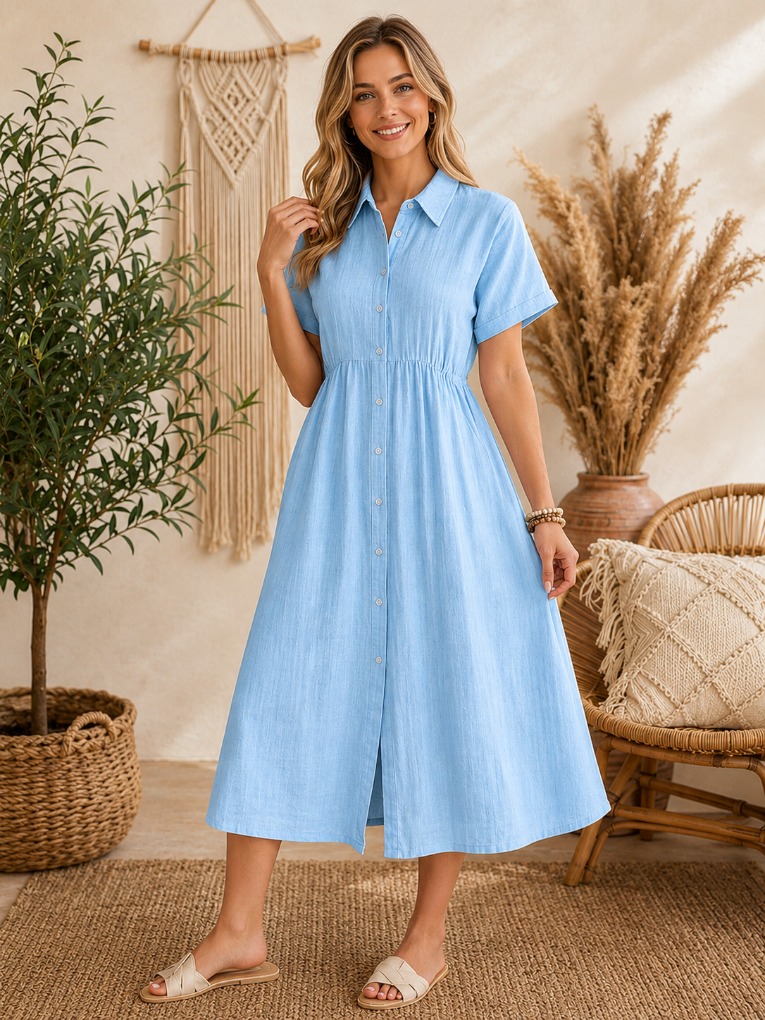 Blush Linen Button-Front Midi Dress – Relaxed Boho Summer Dress