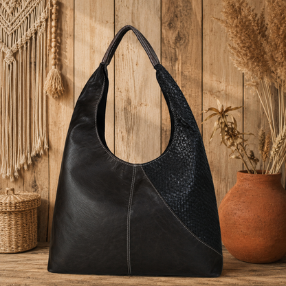 Hobo Leather Handbag with Basket Weave Patchwork
