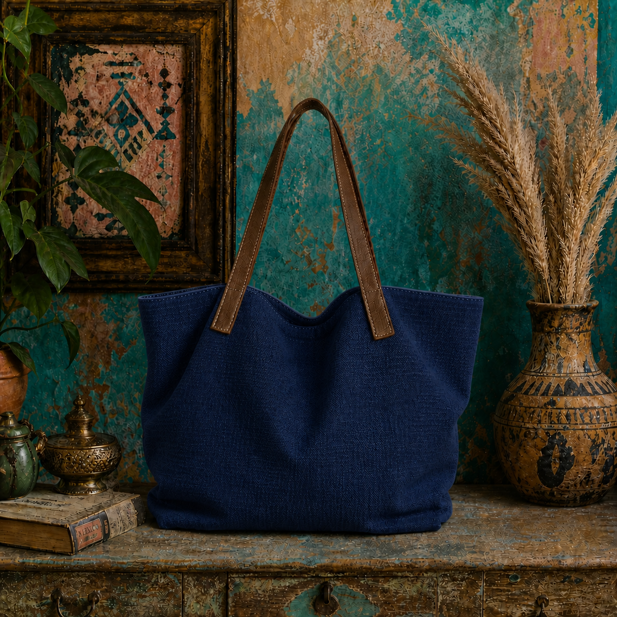 Large Linen Shoulder Tote Bag with Leather Strap