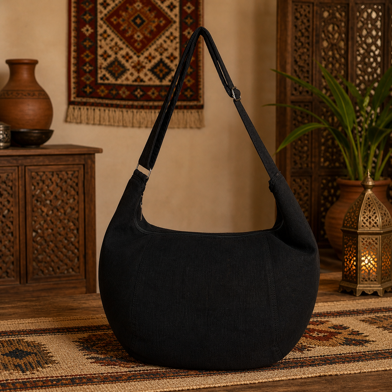 Large  Linen Shoulder Hobo Bag