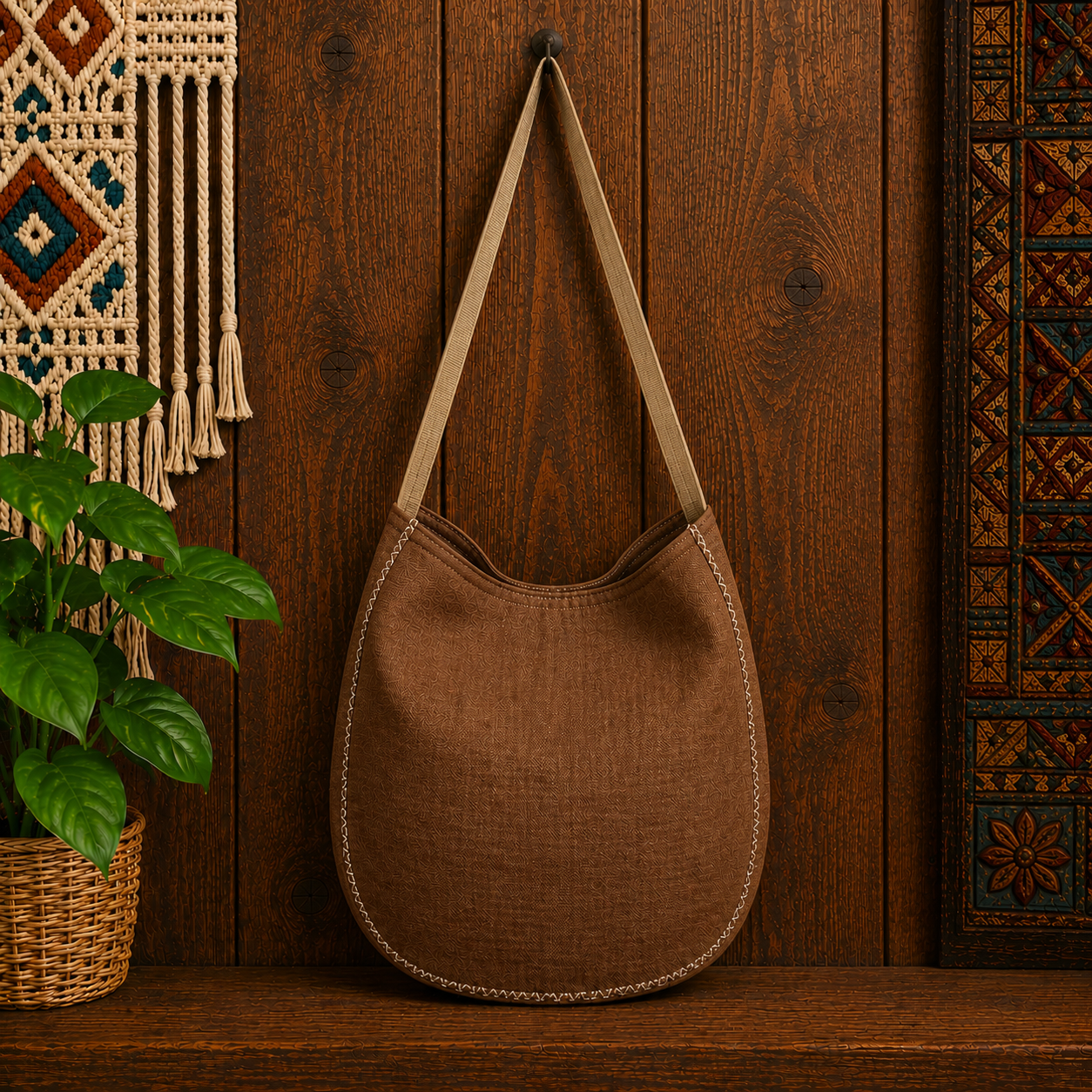 Large Linen Hobo Shoulder Bag