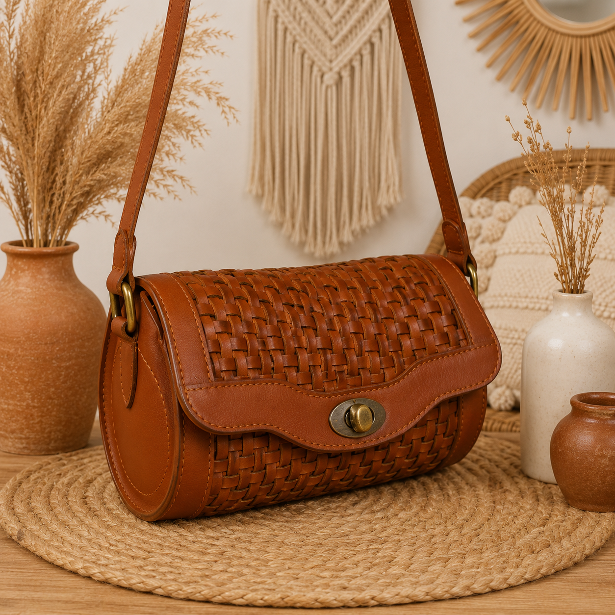 Barrel Leather Bag with Twill Weave