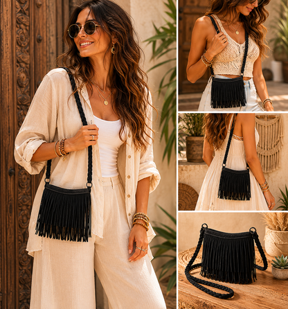 Suede Leather Bag with Fringes &  "Braided Charm"