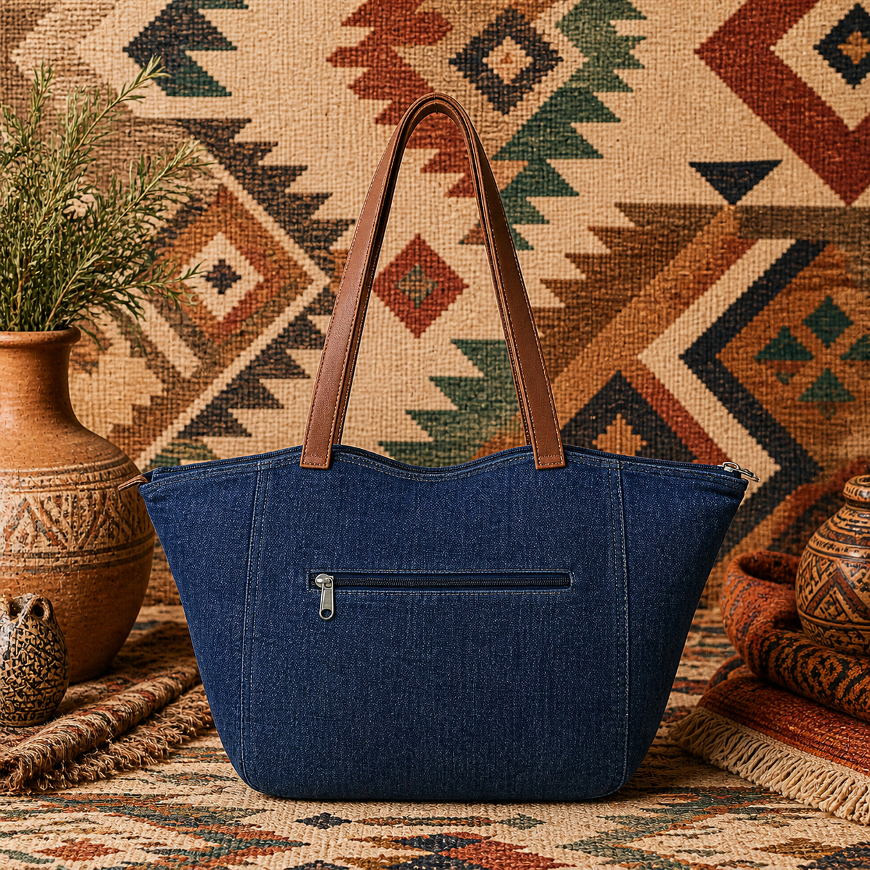 Large Linen Tote Bag with Leather Strap