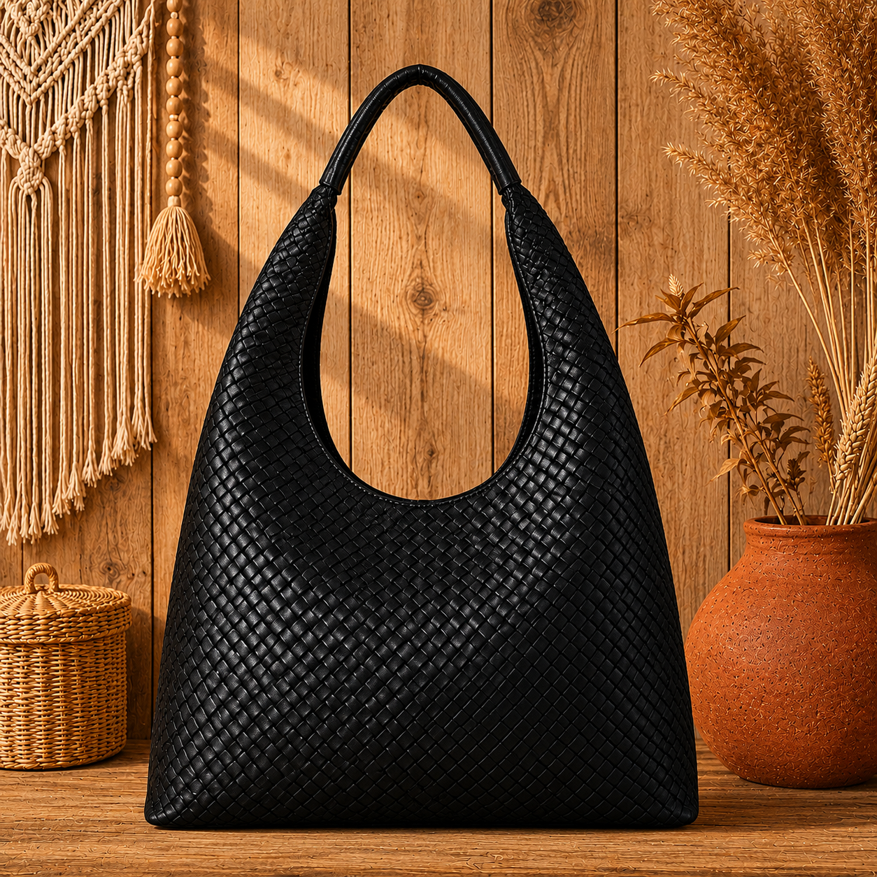 Noir Weave Luxe Hobo Bag