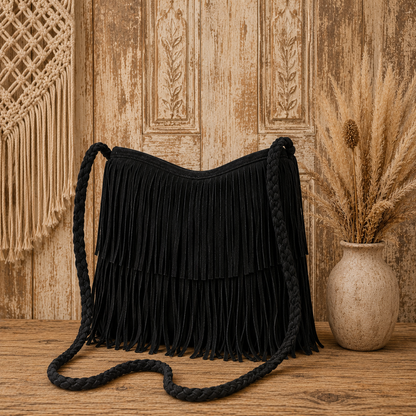 Suede Leather Bag with Fringes &  "Braided Charm"