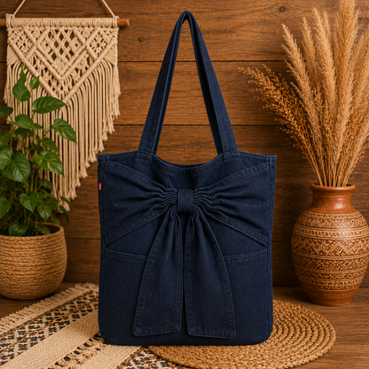Large Linen Shoulder Tote Bag with Bow