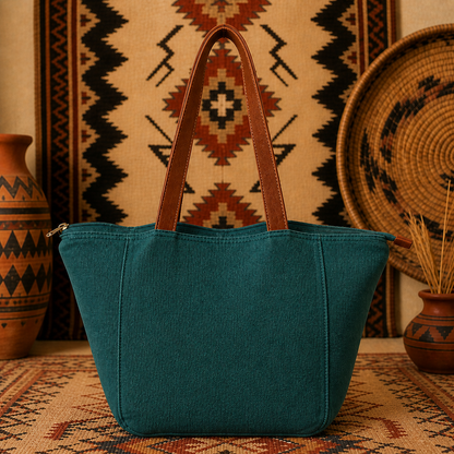 Large Linen Tote Bag with Leather Strap
