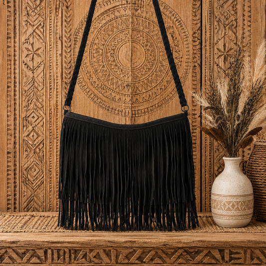 Suede Leather Bag with Fringes &  "Braided Charm"