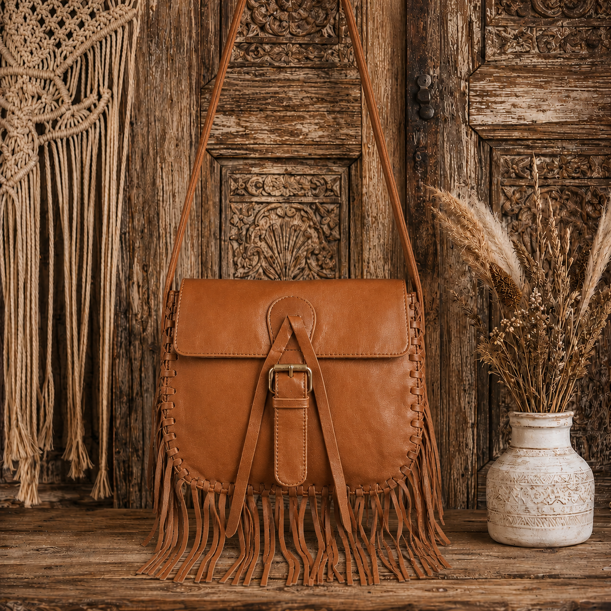 Black Leather Fringes Bag