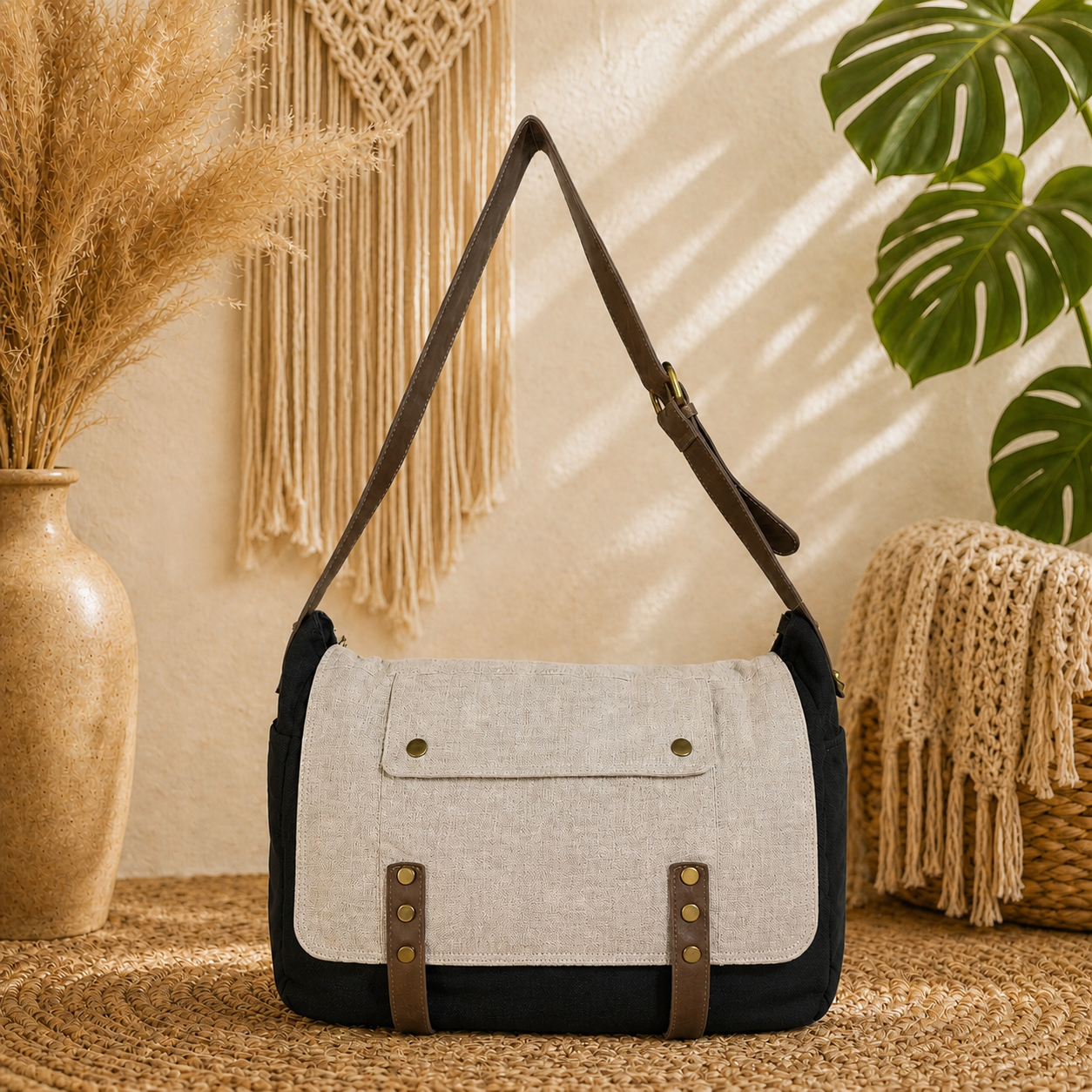 Linen Satchel Bag with Adjustable Strap