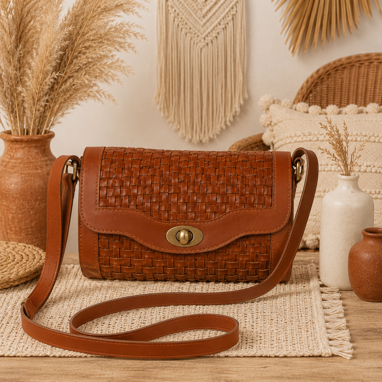 Barrel Leather Bag with Twill Weave