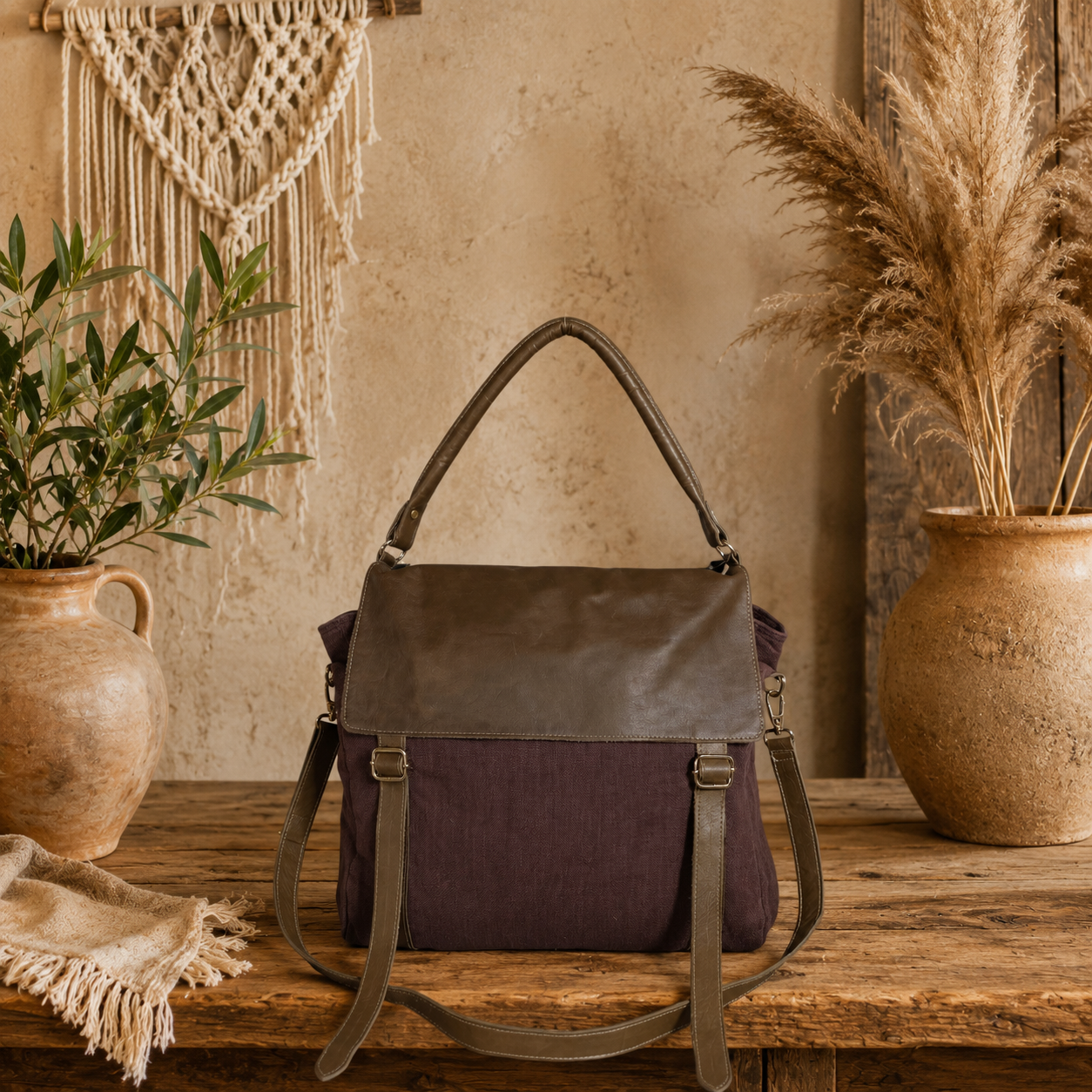 Large Linen &  Leather Satchel Shoulder Bag