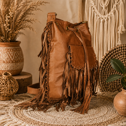 Midnight Boho Fringe Leather Bucket Bag