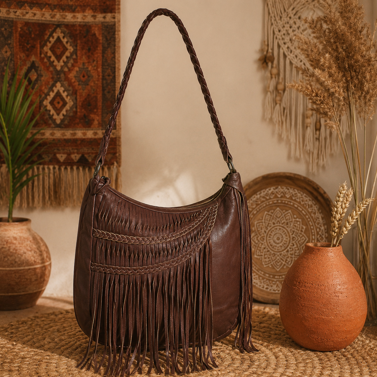 Boho Luxe: Cognac Leather Baguette Fringe Handbag