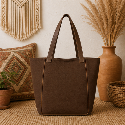 Large Linen Tote Bag with Leather Straps