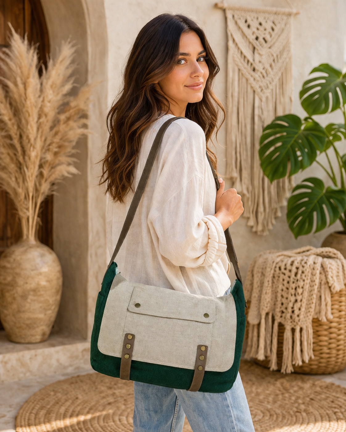 Linen Satchel Bag with Adjustable Strap
