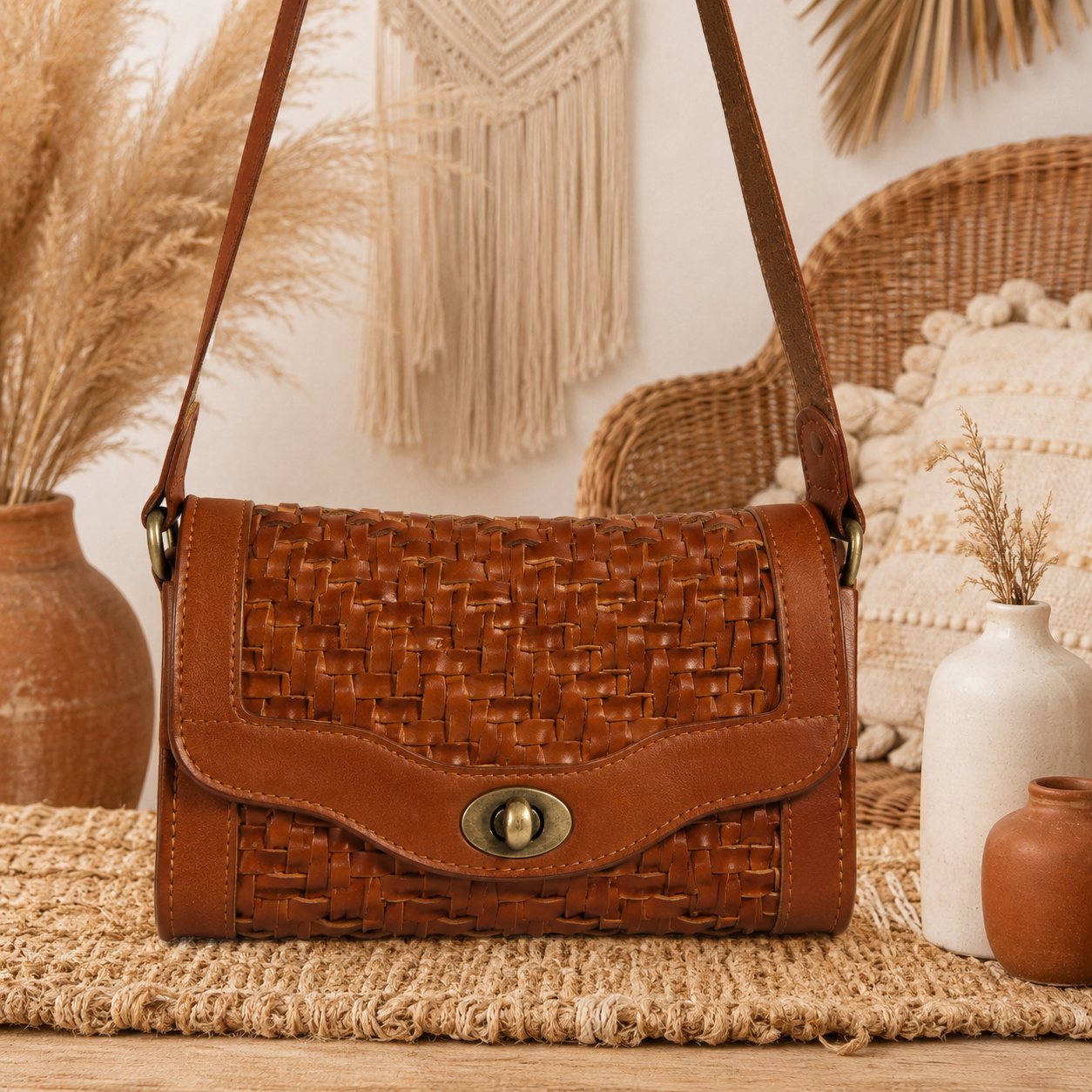 Barrel Leather Bag with Twill Weave