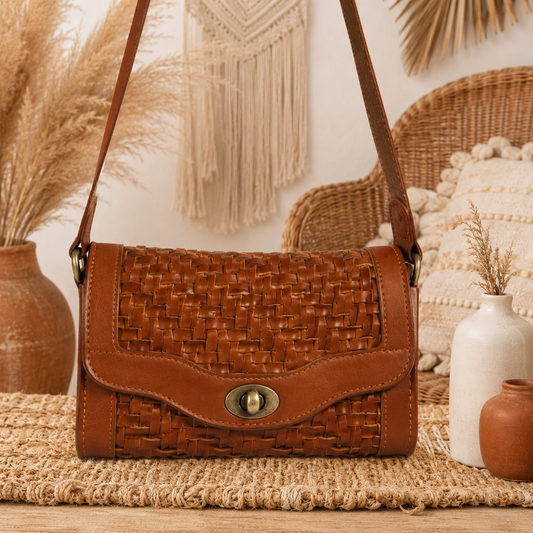 Barrel Leather Bag with Twill Weave