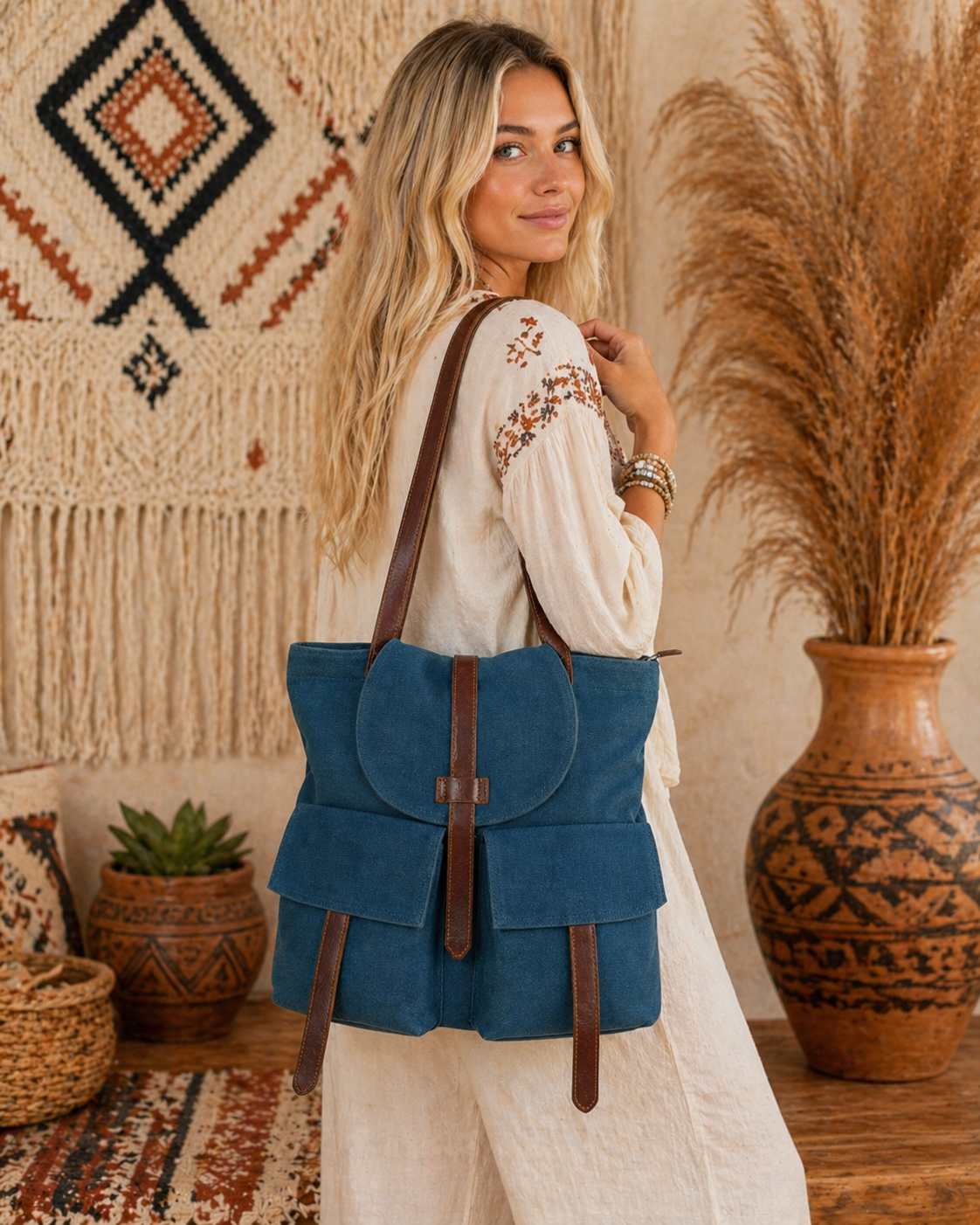 Large Linen Shoulder Tote Bag with Cargo Pocket
