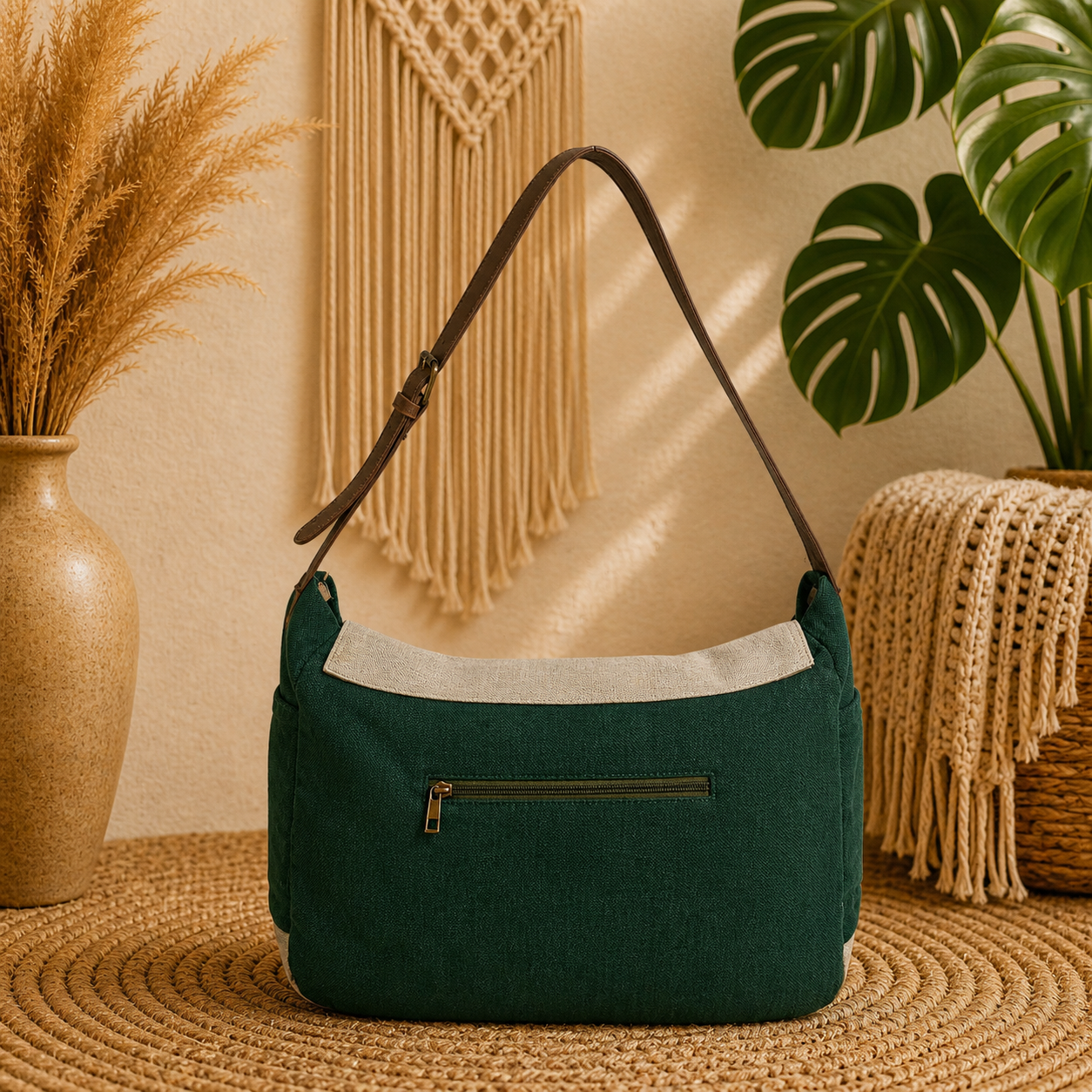 Linen Satchel Bag with Adjustable Strap